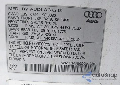 2013 Audi Q7 3.0T Premium из США, поврежденный, VIN WA1LGAFE6DD012289
